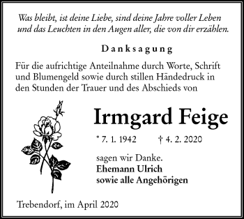 Traueranzeige von Irmgard Feige von lausitzer_rundschau