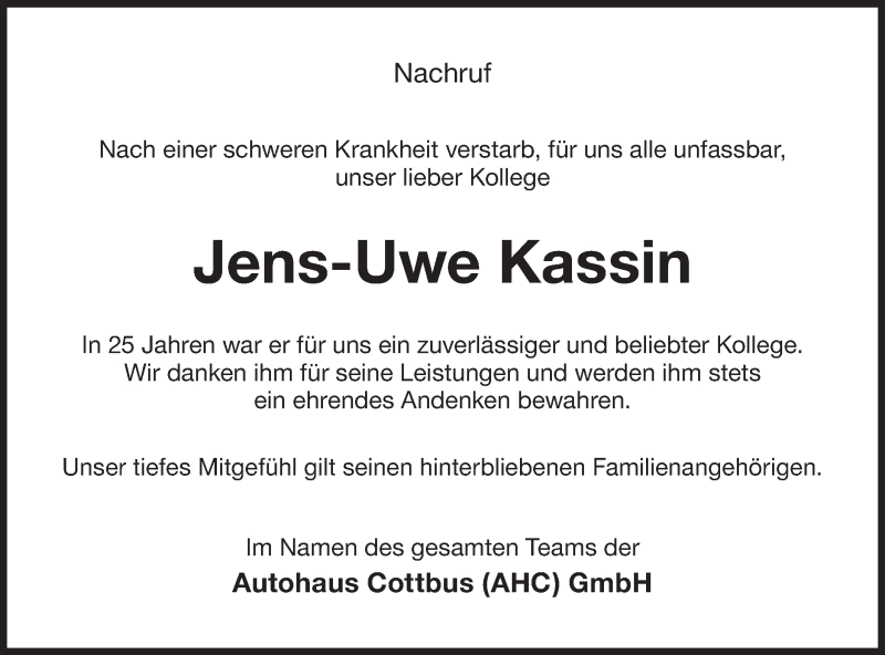  Traueranzeige für Jens-Uwe Kassin vom 18.04.2020 aus lausitzer_rundschau