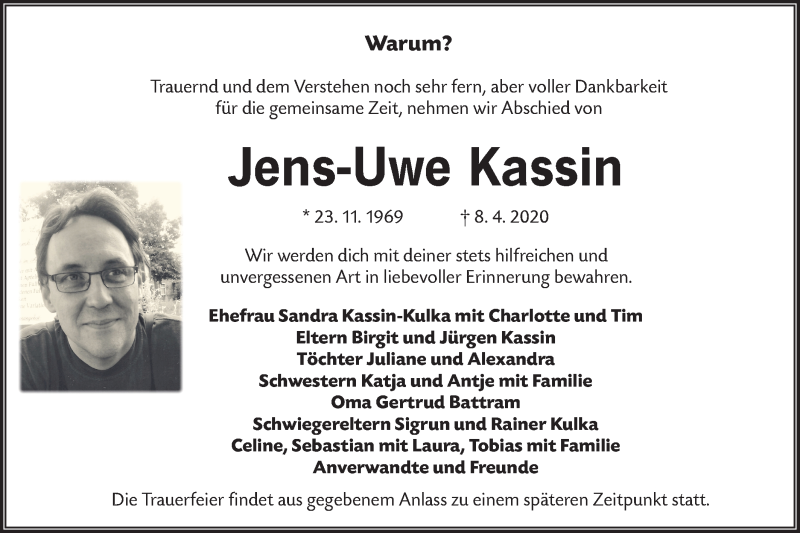  Traueranzeige für Jens-Uwe Kassin vom 18.04.2020 aus lausitzer_rundschau