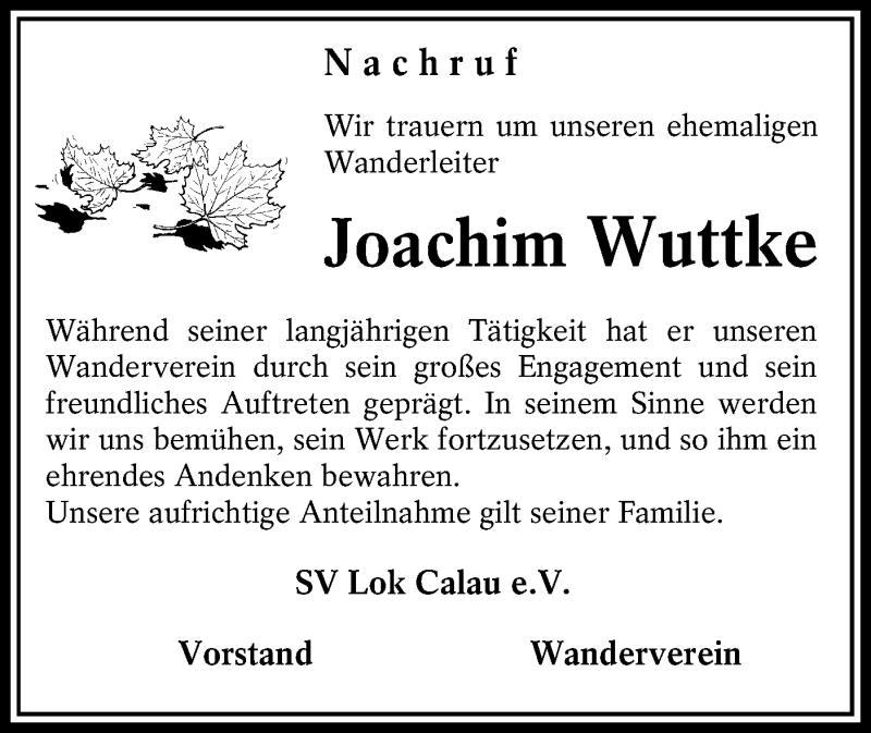  Traueranzeige für Joachim Wuttke vom 04.04.2020 aus lausitzer_rundschau