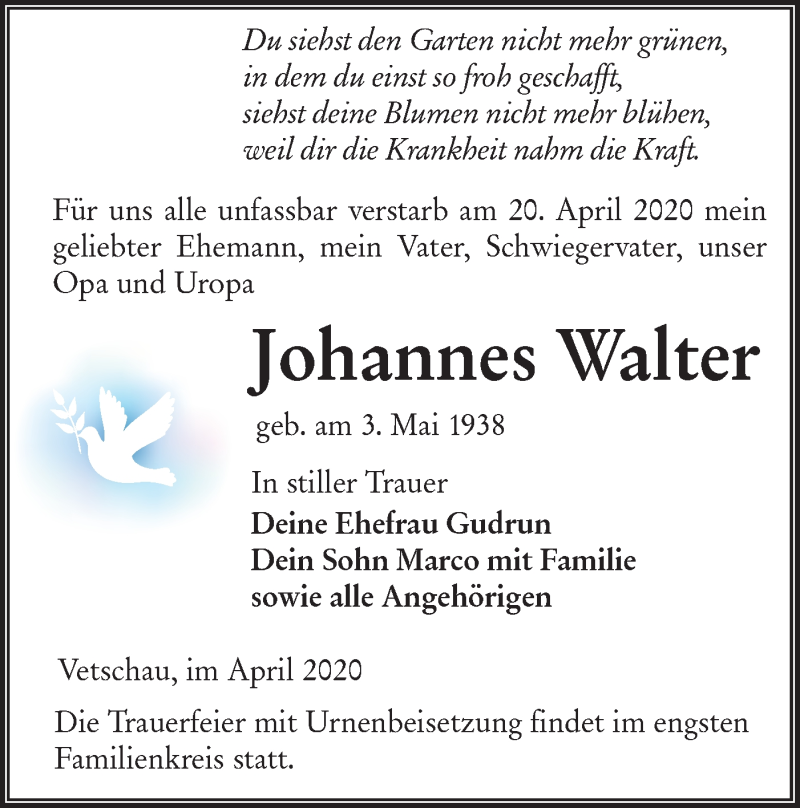  Traueranzeige für Johannes Walter vom 25.04.2020 aus lausitzer_rundschau
