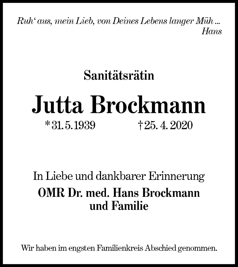  Traueranzeige für Jutta Brockmann vom 29.04.2020 aus lausitzer_rundschau