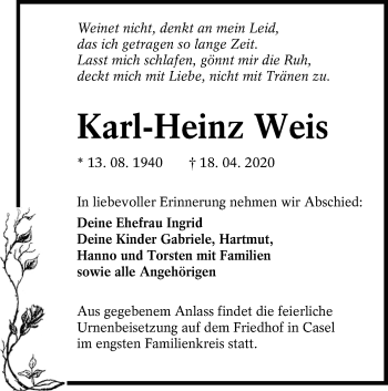 Traueranzeige von Karl-Heinz Weis von lausitzer_rundschau
