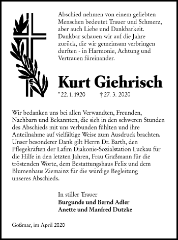 Traueranzeige von Kurt Giehrisch von lausitzer_rundschau