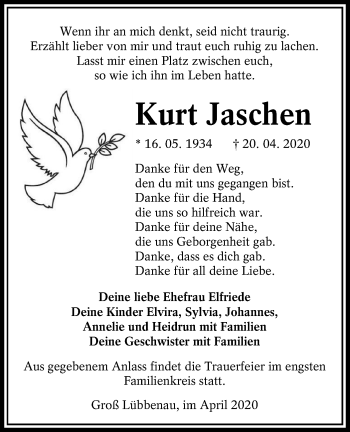 Traueranzeige von Kurt Jaschen von lausitzer_rundschau