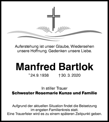 Traueranzeige von Manfred Bartlok von lausitzer_rundschau