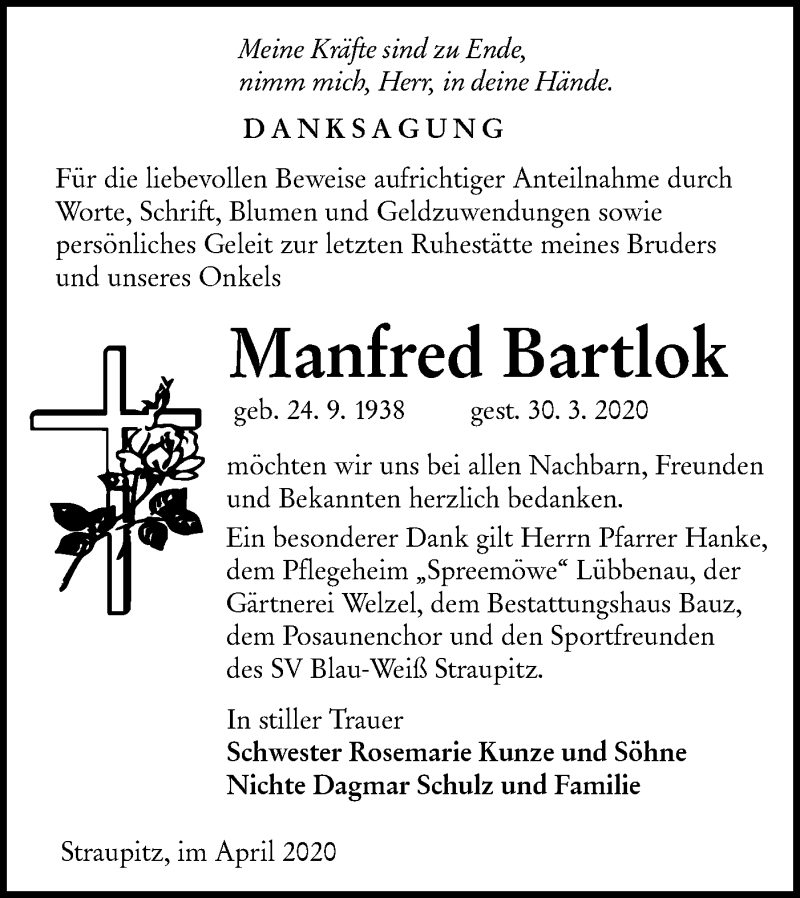  Traueranzeige für Manfred Bartlok vom 25.04.2020 aus lausitzer_rundschau