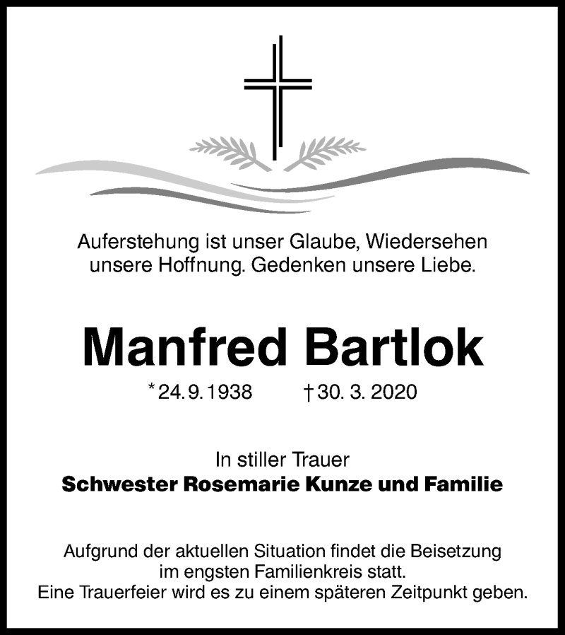 Traueranzeige für Manfred Bartlok vom 04.04.2020 aus lausitzer_rundschau