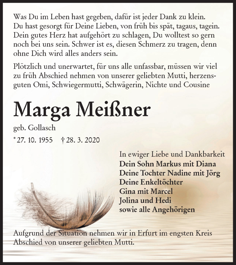  Traueranzeige für Marga Meißner vom 11.04.2020 aus lausitzer_rundschau