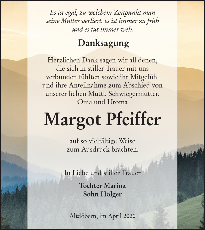  Traueranzeige für Margot Pfeiffer vom 11.04.2020 aus lausitzer_rundschau