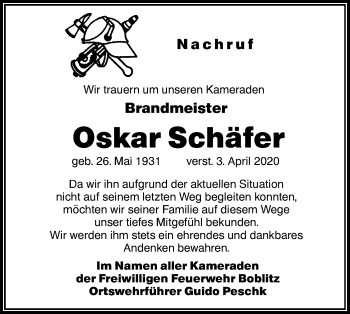 Traueranzeige von Oskar Schäfer von lausitzer_rundschau