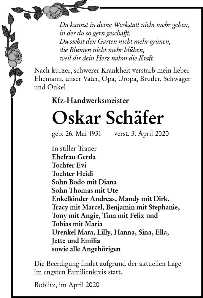  Traueranzeige für Oskar Schäfer vom 11.04.2020 aus lausitzer_rundschau