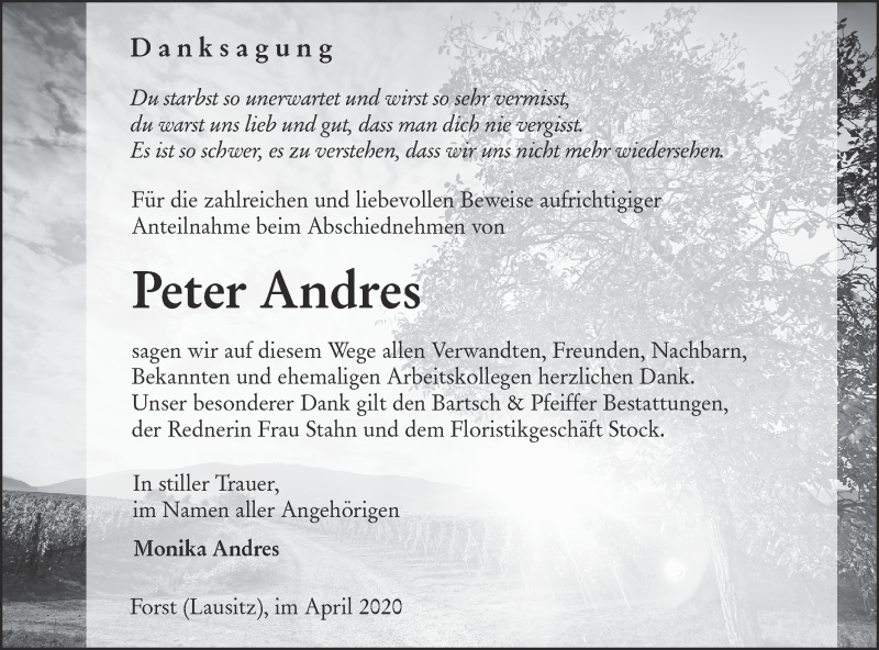  Traueranzeige für Peter Andres vom 25.04.2020 aus lausitzer_rundschau