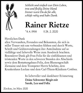 Traueranzeige von Rainer Rietze von lausitzer_rundschau