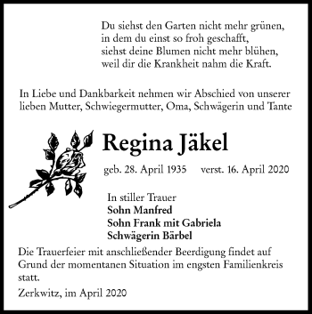 Traueranzeige von Regina Jäkel von lausitzer_rundschau