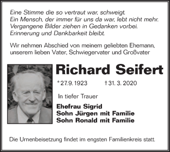 Traueranzeige von Richard Seifert von lausitzer_rundschau