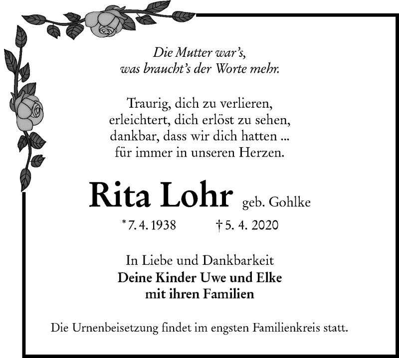  Traueranzeige für Rita Lohr vom 18.04.2020 aus lausitzer_rundschau