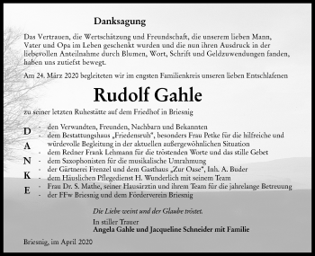 Traueranzeige von Rudolf Gahle von lausitzer_rundschau