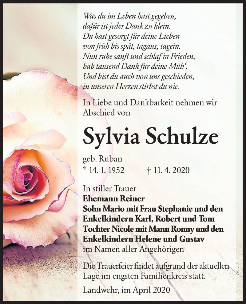  Traueranzeige für Sylvia Schulze vom 18.04.2020 aus lausitzer_rundschau