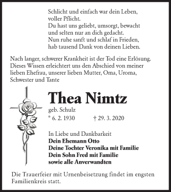 Traueranzeige von Thea Nimtz von lausitzer_rundschau