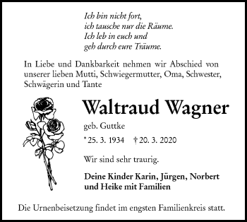 Traueranzeige von Waltraud Wagner von lausitzer_rundschau