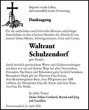 Traueranzeige von Waltraut Schulzendorf von lausitzer_rundschau