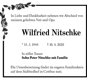 Traueranzeige von Wilfried Nitschke von lausitzer_rundschau