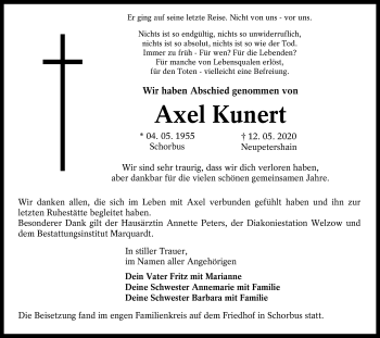 Traueranzeige von Axel Kunert von lausitzer_rundschau
