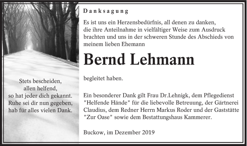  Traueranzeige für Bernd Lehmann vom 04.01.2020 aus lausitzer_rundschau