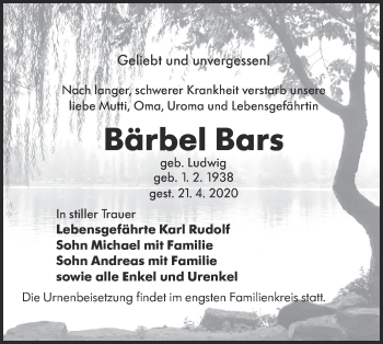 Traueranzeige von Bärbel Bars von lausitzer_rundschau
