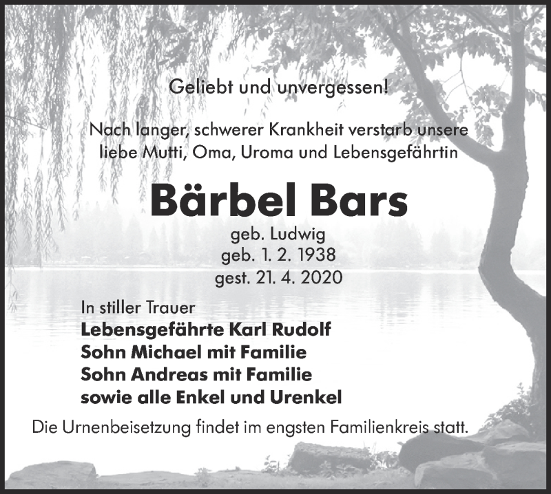  Traueranzeige für Bärbel Bars vom 09.05.2020 aus lausitzer_rundschau