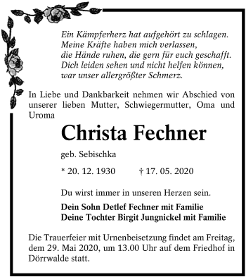 Traueranzeige von Christa Fechner von lausitzer_rundschau