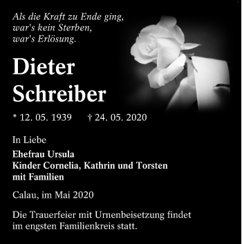 Traueranzeige von Dieter Schreiber von lausitzer_rundschau