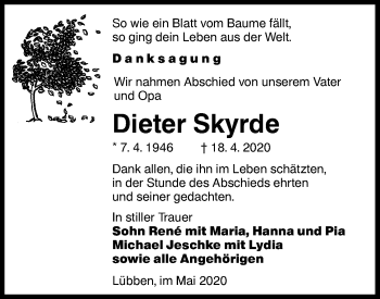 Traueranzeige von Dieter Skyrde von lausitzer_rundschau