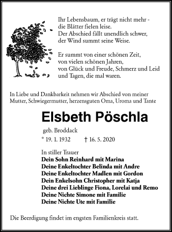 Traueranzeige von Elsbeth Pöschla von lausitzer_rundschau