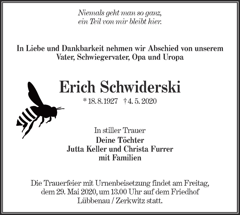  Traueranzeige für Erich Schwiderski vom 09.05.2020 aus lausitzer_rundschau