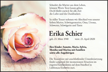 Traueranzeige von Erika Schier von lausitzer_rundschau