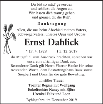 Traueranzeige von Ernst Dahlick von lausitzer_rundschau