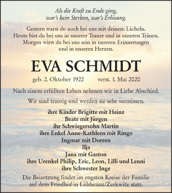 Traueranzeige von Eva Schmidt von lausitzer_rundschau