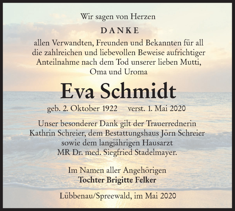  Traueranzeige für Eva Schmidt vom 23.05.2020 aus lausitzer_rundschau