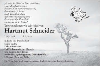 Traueranzeige von Hartmut Schneider von lausitzer_rundschau
