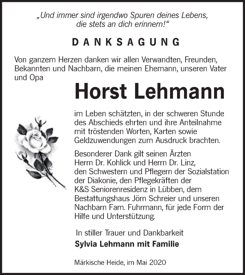  Traueranzeige für Horst Lehmann vom 09.05.2020 aus lausitzer_rundschau