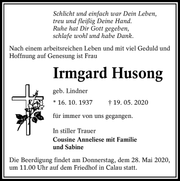 Traueranzeige von Irmgard Husong von lausitzer_rundschau