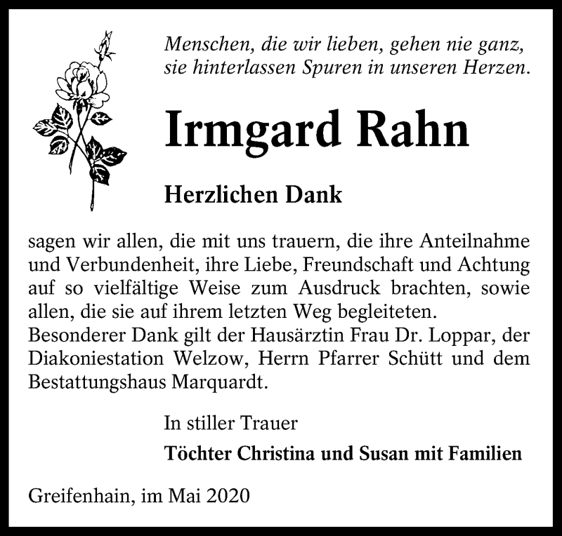  Traueranzeige für Irmgard Rahn vom 16.05.2020 aus lausitzer_rundschau