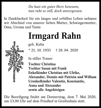 Traueranzeige von Irmgard Rahn von lausitzer_rundschau