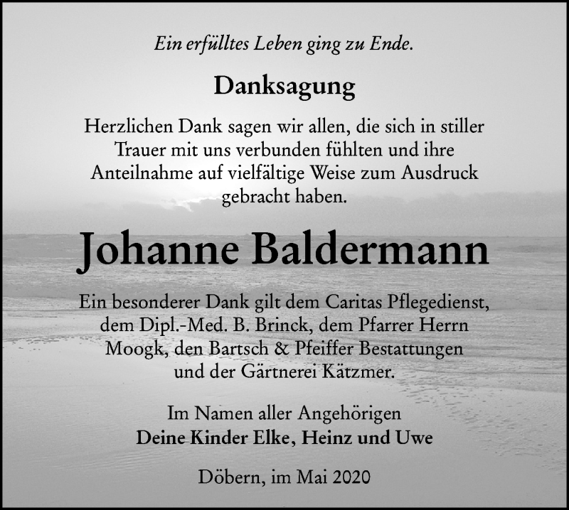  Traueranzeige für Johanne Baldermann vom 16.05.2020 aus lausitzer_rundschau