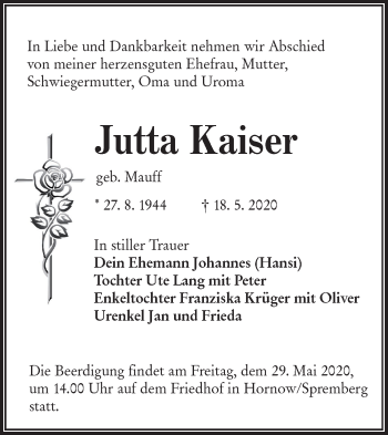 Traueranzeige von Jutta Kaiser von lausitzer_rundschau