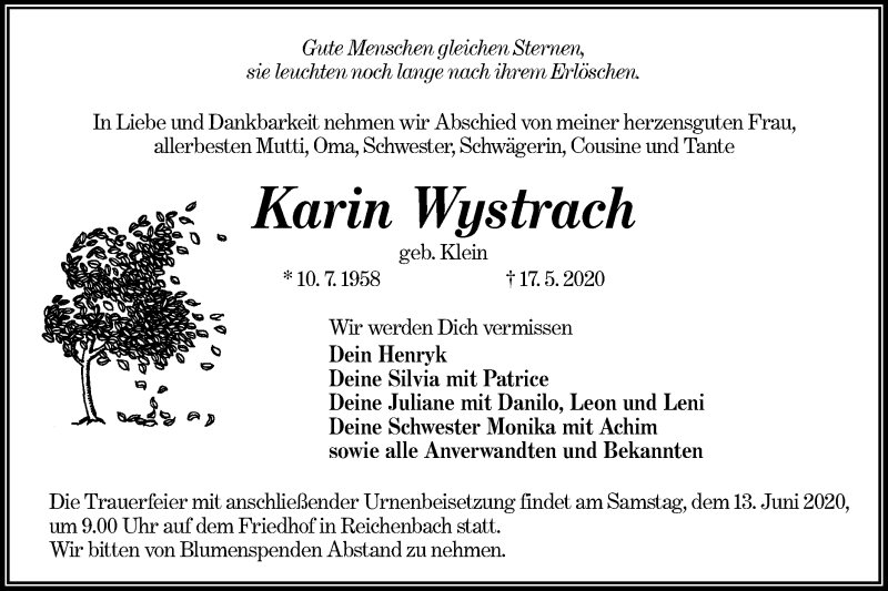  Traueranzeige für Karin Wystrach vom 23.05.2020 aus lausitzer_rundschau