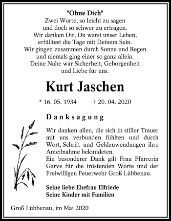 Traueranzeige von Kurt Jaschen von lausitzer_rundschau