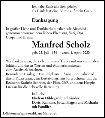 Traueranzeige von Manfred Scholz von lausitzer_rundschau